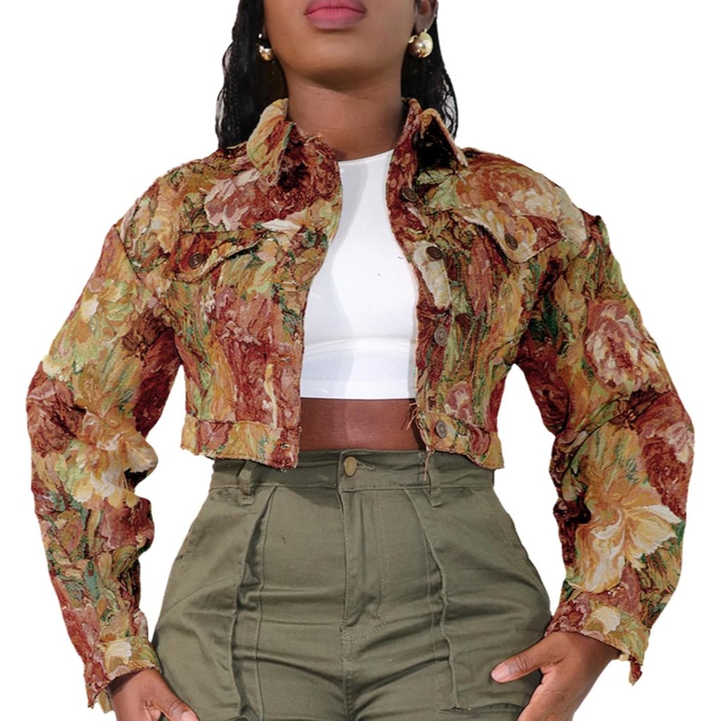 Cropped Jacket Women Cute Y2k Bomber Jacquard Long Sleeve Button Down Crop Flora